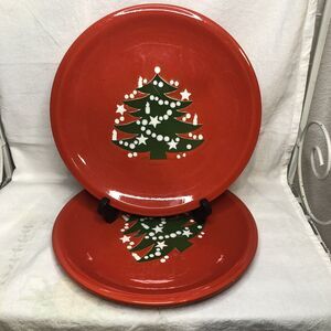 Waechtersbach Germany Christmas Tree Dinner Plate 10" Red Ceramic Set Of 2
